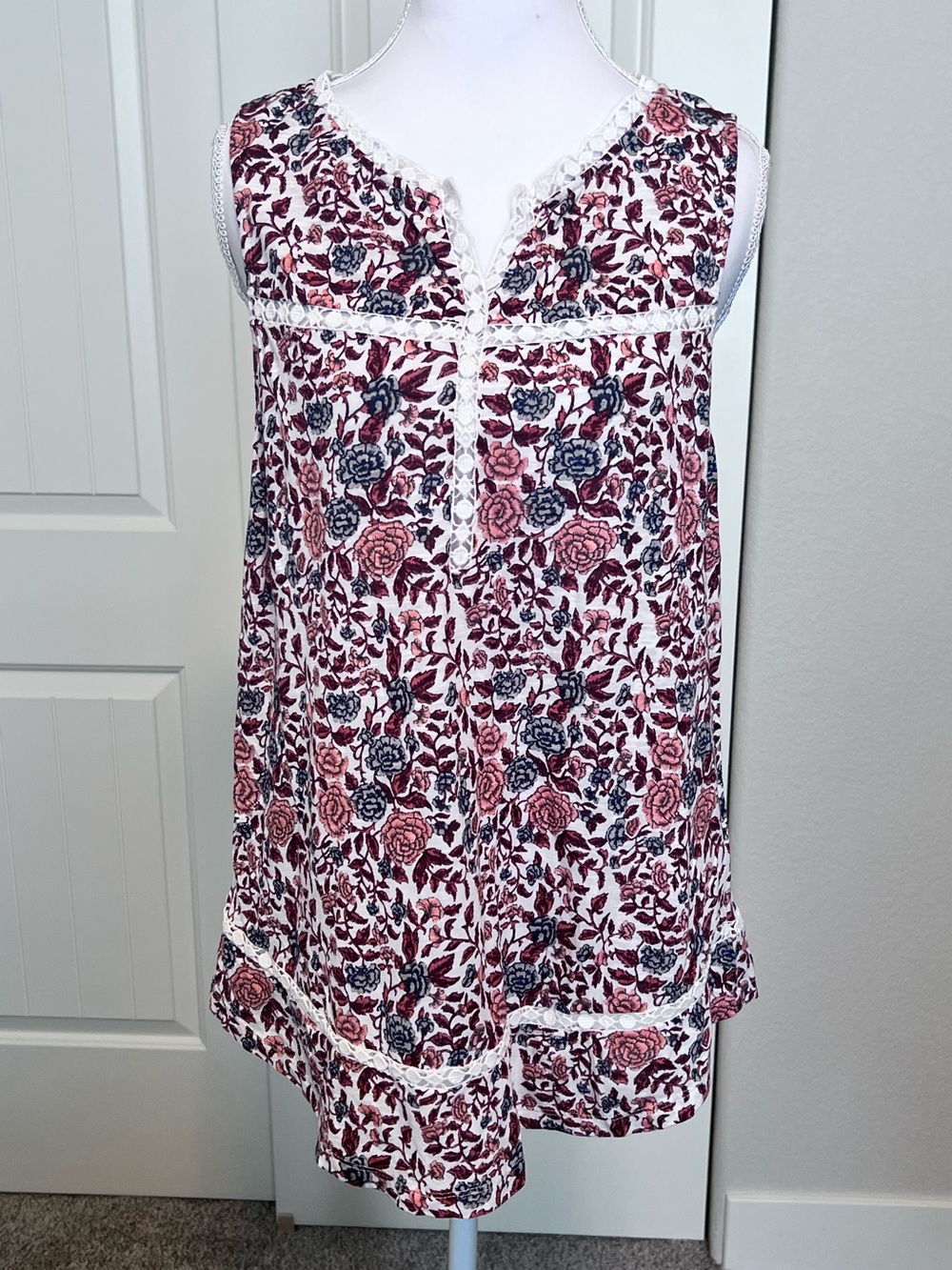 Lucky Brand Floral Lace-Trim Sleeveless Boho Top Sz Large
